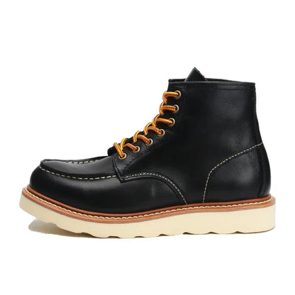 Men's Goodyear-Welted Vintage Genuine Leather Mid-calf Motorcycle Boots Round toe Casual Punk Dress Boots Work Shoes Western Red