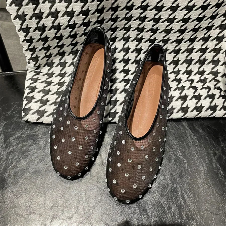 Luxury Glitter Rhinestone Designer Mesh Flats Women Summer Fashion Light Breathable Mules Loafers Elegant Comfort Ballet Shoes