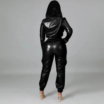 Women Jacket Sets 2 Piece Long Sleeved Slim PU Leather Gripped Pants Set Solid Zipper Fly Pencil Pants Slim Fit High Street Suit