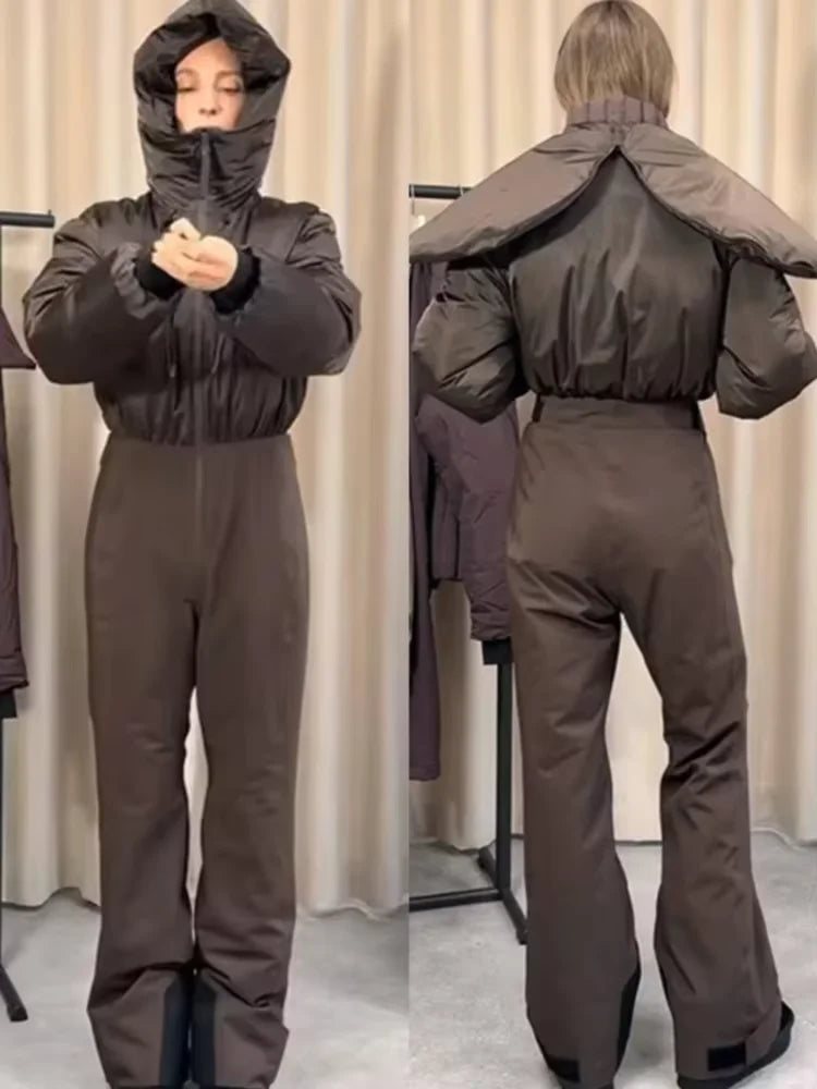 Fashion Hooded One-Piece Ski Jumpsuit Women Stand Collar Zipper High Waist Solid Windproof Outwear 2026 Winter Lady Skiwears New