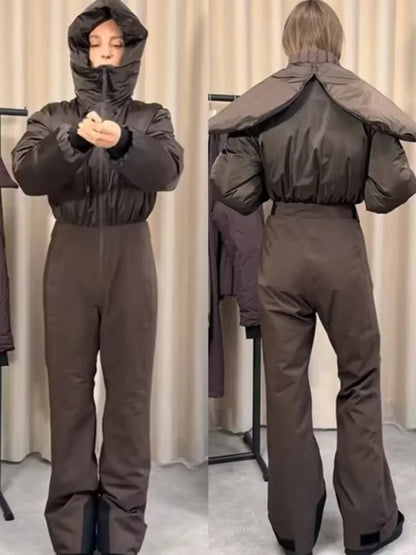 Fashion Hooded One-Piece Ski Jumpsuit Women Stand Collar Zipper High Waist Solid Windproof Outwear 2026 Winter Lady Skiwears New