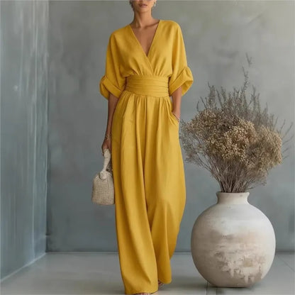 Summer Sexy Deep V-neck Short Sleeve Jumpsuits Elegant Women Solid High Waist Rompers Casual Sleeveless Wide Leg Pants Jumpsuit