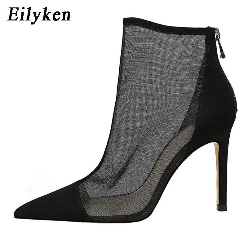 Eilyken 2026 New Spring Autumn Sexy Mesh High Heels Runway Ankle Boots For Women Pointed Toe Ladies Party Zipper Shoes