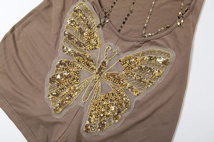 Kliou Butterfly Decoration Mini Dress Woman Sexy Metal Chain Backless Skinny Peach Hip Hot Girls High Street Fashion Rompers