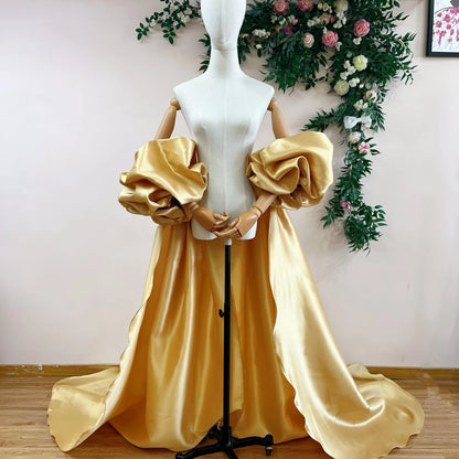 Red  Mikado Satin Long Wedding Cape Puffy Short Sleeves Court Tain Evening Cape Outfit Coat For Women Costume DJ199