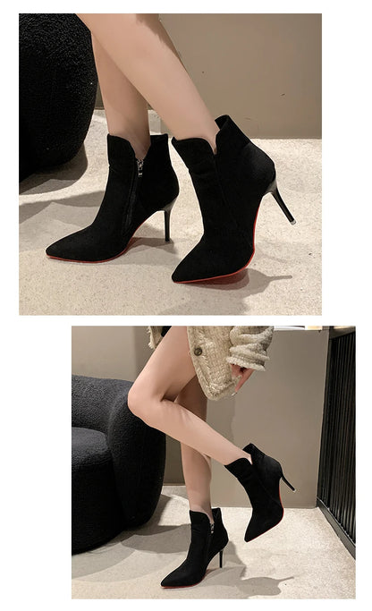 Aphixta 10cm Stilettos Winter Red Heels Zip Warm Black Ankle Boots Women Flock Footwear Shoes Women Super Big Size 47 48 49 50