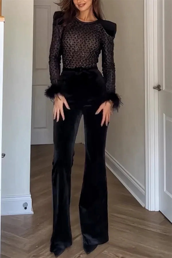 New Women's Fashion Long Sleeve Round Neck Gold Velvet Patchwork Sexy Jumpsuit Ladies Solid Color Slim Fit Jumpsuit For Women