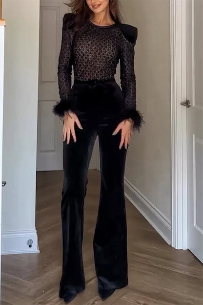 New Women's Fashion Long Sleeve Round Neck Gold Velvet Patchwork Sexy Jumpsuit Ladies Solid Color Slim Fit Jumpsuit For Women