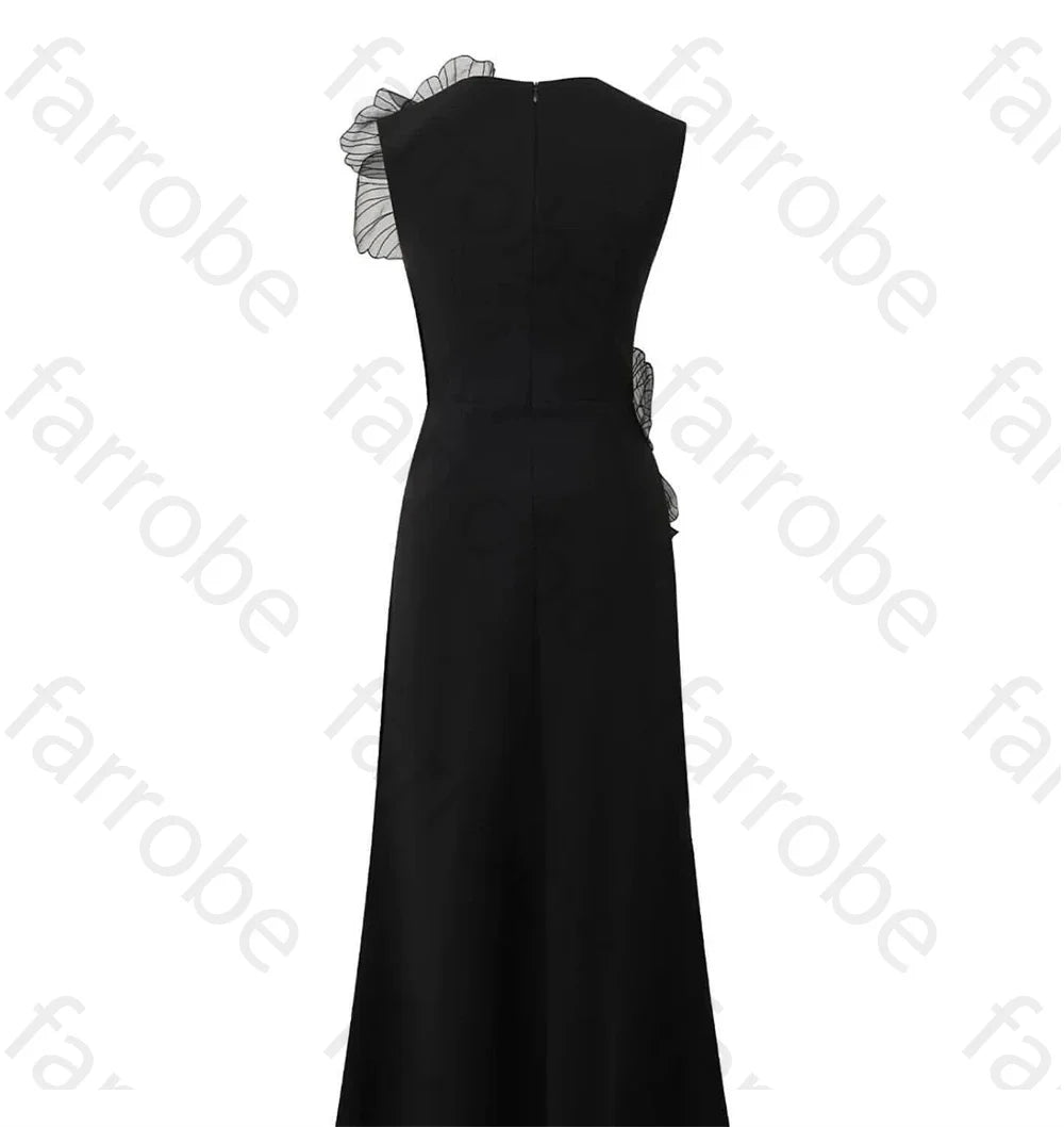Customized Black Exquisite Evening Dress Flower Beading Ruched A-line Sleeveless Bespoke Occasion Gown Midi Dresses Party Gowns