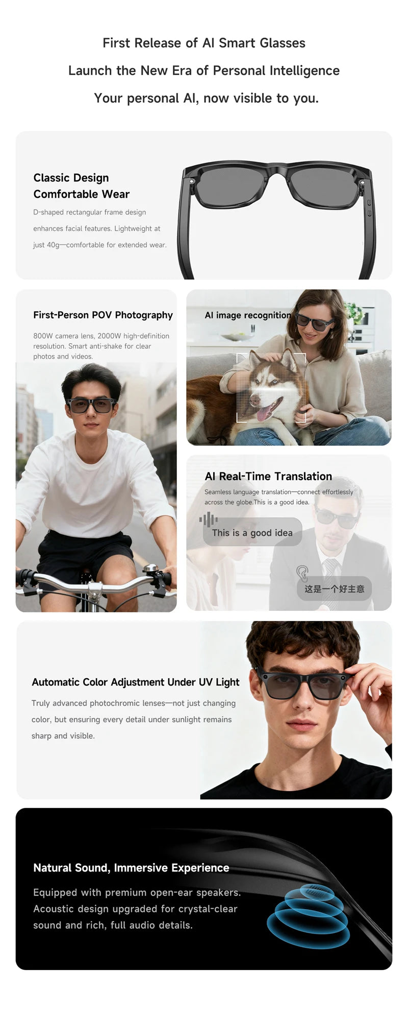 2026 4K HD Color Changing AI Smart Glasses Chat GPT 100MP Camera Bluetooth Call Voice Assistant Control Smart Glasses 2026 New