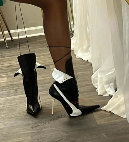 Patchwork Lace Up Thin High Heel Boots Matte Leather Pointed Toe Shoes for Women Stilettos High Heels Shoes Zapatos Para Mujere