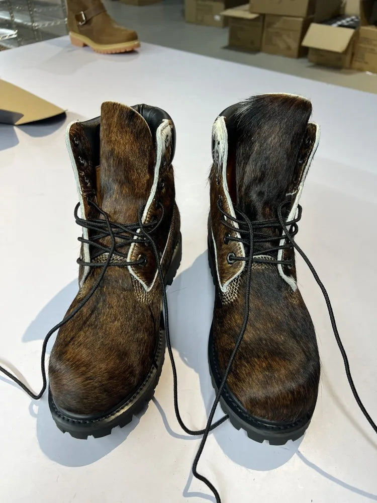 Designer Personality Horsehair Cargo Boots Male Lace Up British Style Handmade High Quality High Top Shoes Vintage Cargo Boots