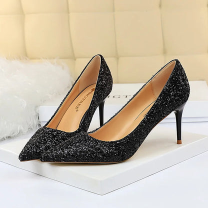 Women 7cm 9.5cm High Heels Pumps Wedding Bridal Scarpins Sparkly Mid Heels Lady Party Sequins Glitter Evening Gold Silver Shoes