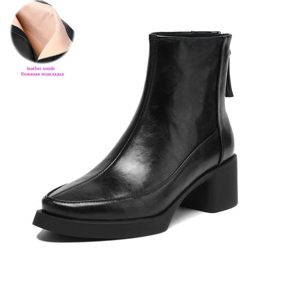 Plus Size 34-43 Cow Skin Round Toe Zipper High Heels Modern Motorcycles Boots Warm Winter Shoes Dating Retro Brand Ankle Boots