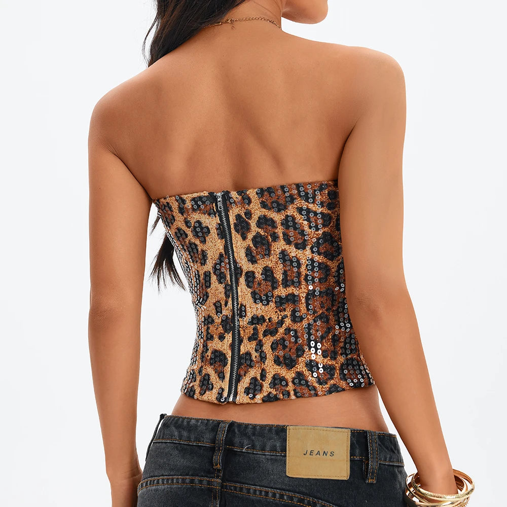 Anfilia Women's Sexy Nightclub Leopard Print Sequin Halter Top, Back Zipper, Slim Fit Inner Tank, Fashionable Y2K Style Tops