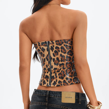 Anfilia Women's Sexy Nightclub Leopard Print Sequin Halter Top, Back Zipper, Slim Fit Inner Tank, Fashionable Y2K Style Tops