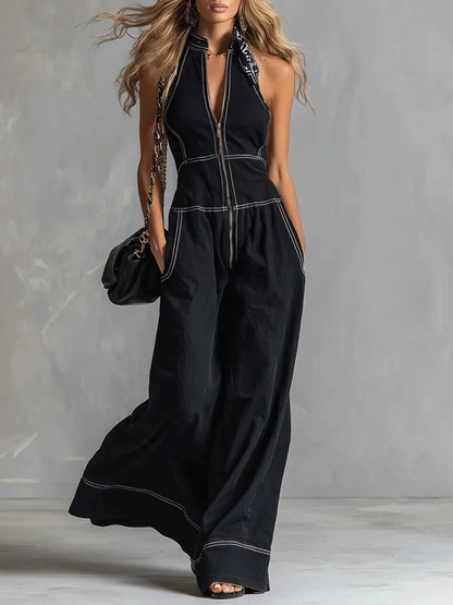 Spring Autumn Fashion Rompers Jumpsuit Women Loose Off-shoulder Zipper Pockets Wide Legs Trousers Overalls Sleeveless 64034