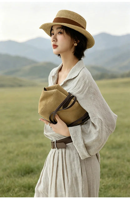New Women's Natural Suede Leather long handle Shoulder Bag Luxury Designe Genuine Suede Leather Handbags Shopping Underarm Bag