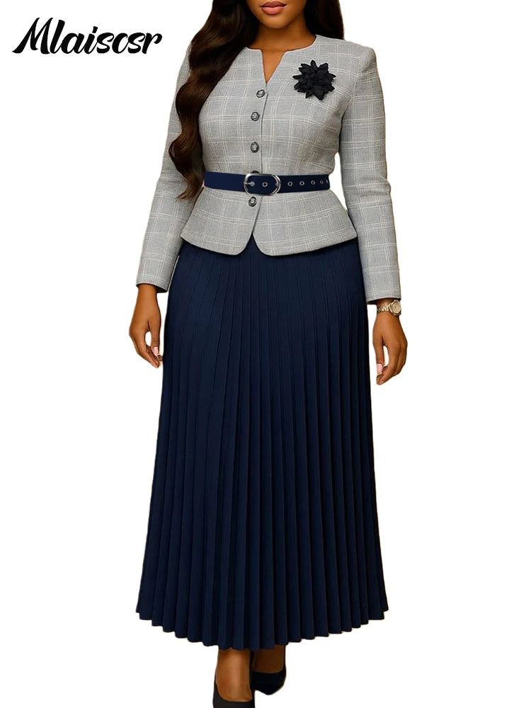 Mlaiscsr Fashion Plaid Blazer Suits for Woman Button 3D Floral Brooch Belt and Pleated Skirt 2 Piece Set Female Office Outfits