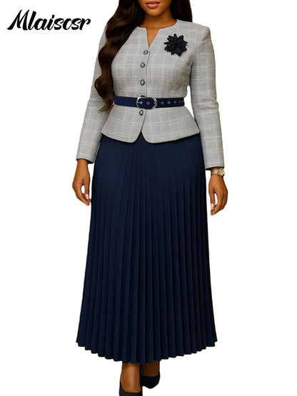 Mlaiscsr Fashion Plaid Blazer Suits for Woman Button 3D Floral Brooch Belt and Pleated Skirt 2 Piece Set Female Office Outfits