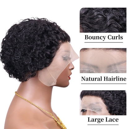 Short Curly 13x1 Lace Curly Pixie Cut Wig 180% Density Human Hair Lace Front Bob Wigs for Women Natural Color Pre Plucked 6 Inch