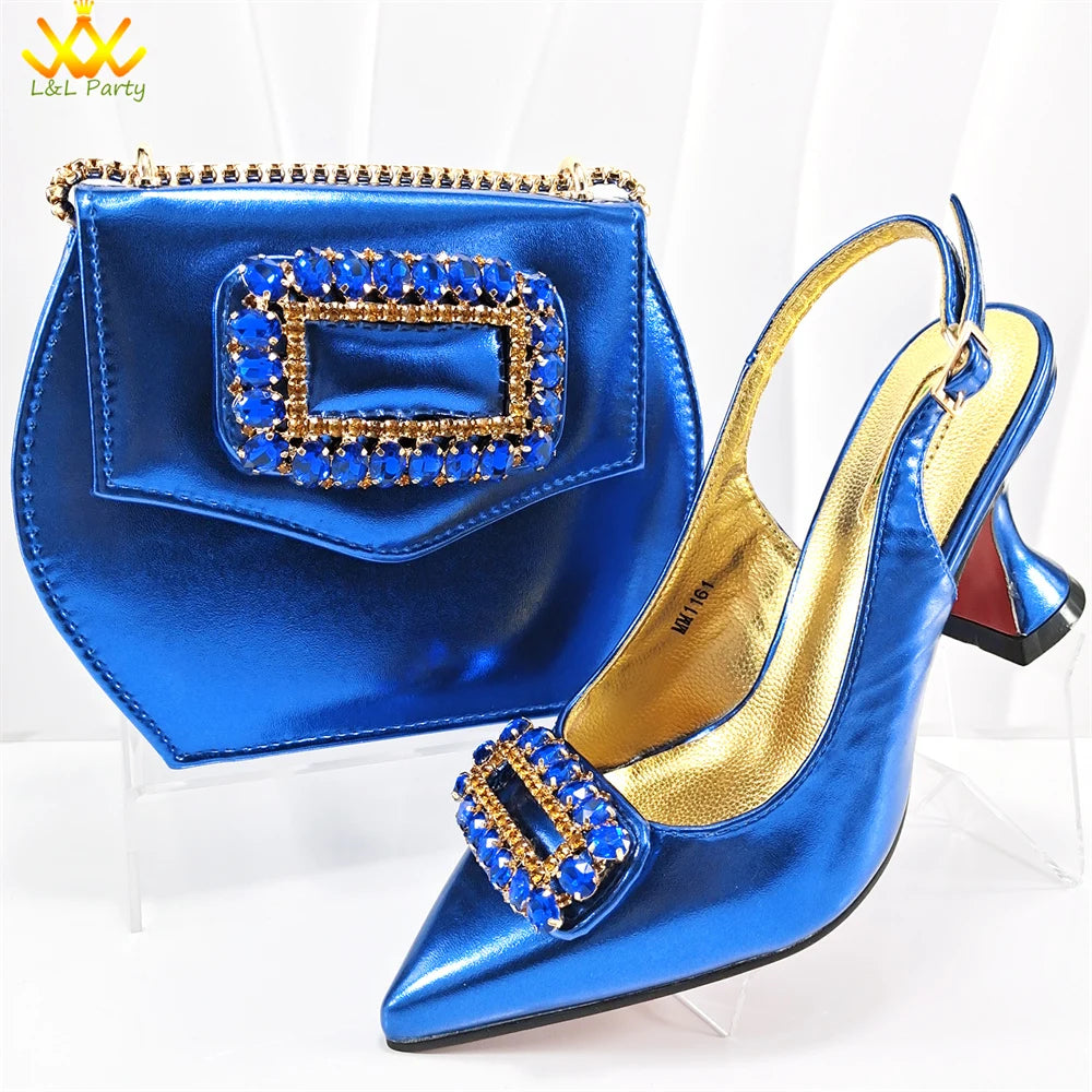 2024 Latest Nigerian Design Italian Women's Comfortable Heels Pointed Toe Sandals Wedding Party Gold Color Shoes and Bags Set