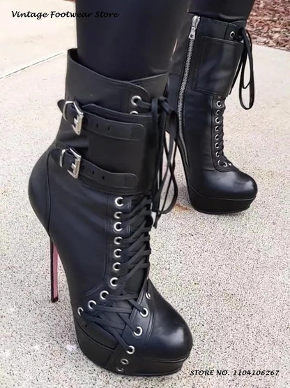 Black Platform Stiletto Ankle Boots Round Toe Thin Heels Cross-tied Plus Size Shoes Women's Spring Autumn Fashion Zipper Booties