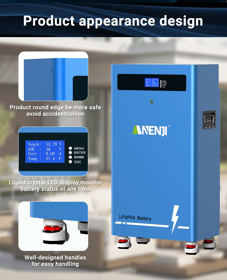 ANENJI 51.2V 314Ah 16Kwh LiFePO4 Battery 6000 Cycles With Wheels Bluetooth BMS 200Ah Supports 15 Units Parallel  Solar System