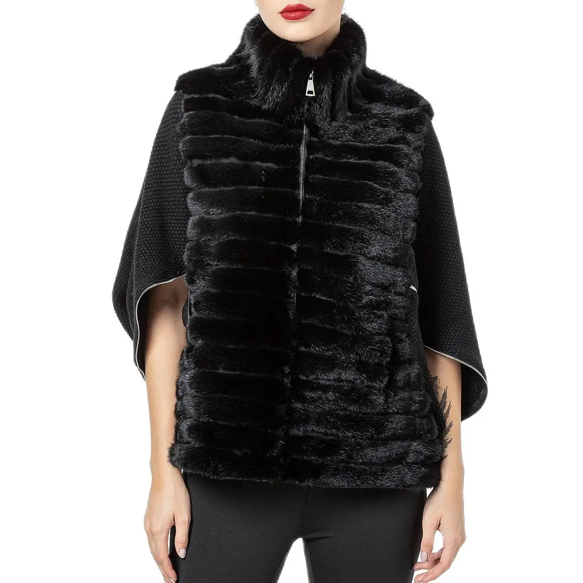 Women's Natural Mink Fur Jacket Coat, Wool Sleeve, Zipper, Bat Sleeve, Casual Short Vest, Designer, Autumn, Winter,  21A0901