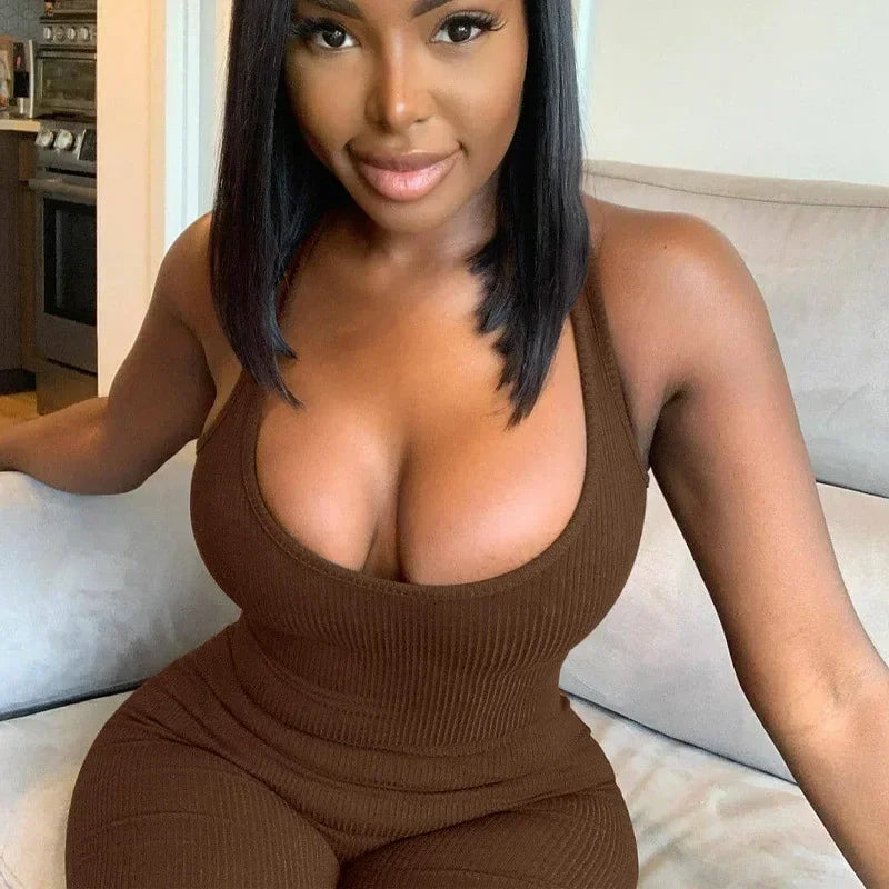European Fashion Women's Solid Color Hollow Hanging Neck and Backless One-piece Sports Shorts with High Waist and Tight Fit