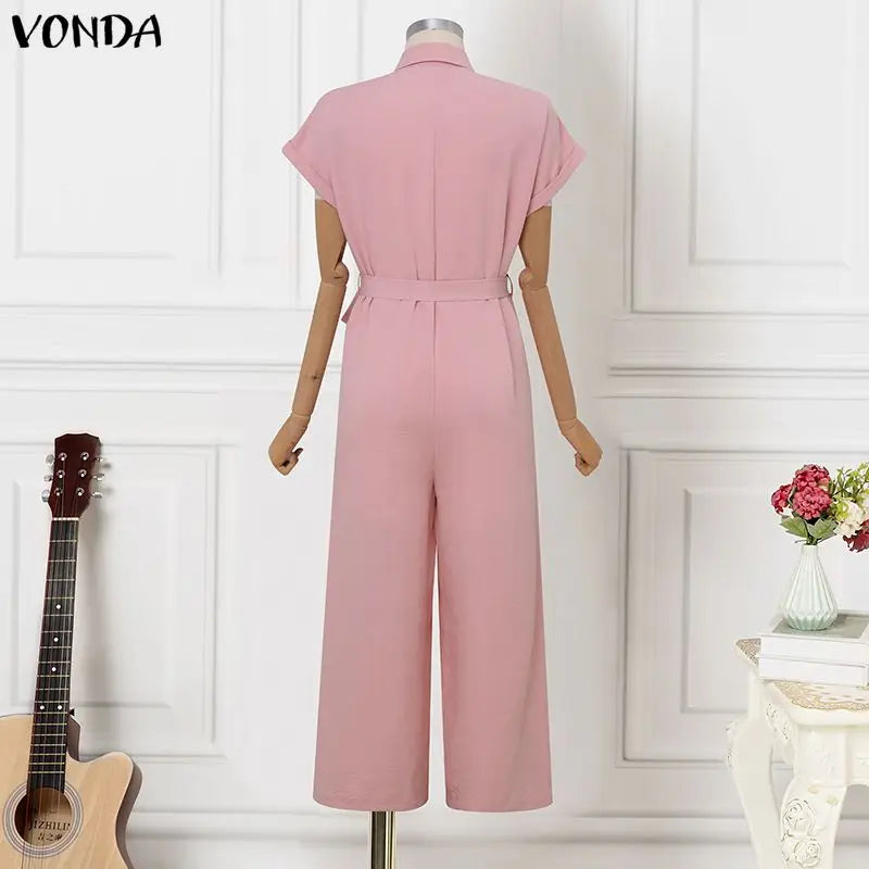 Plus Size VONDA Summer Vacation Style Jumpsuits Women Elegant Solid Color Long Overalls Short Sleeve Elegant Belts Playuits
