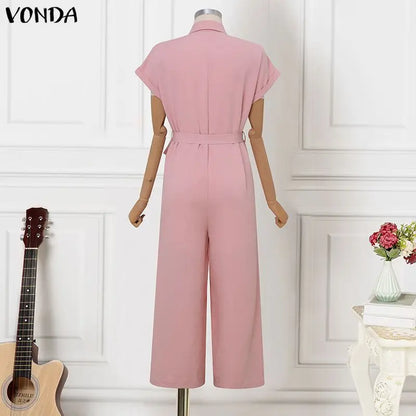 Plus Size VONDA Summer Vacation Style Jumpsuits Women Elegant Solid Color Long Overalls Short Sleeve Elegant Belts Playuits
