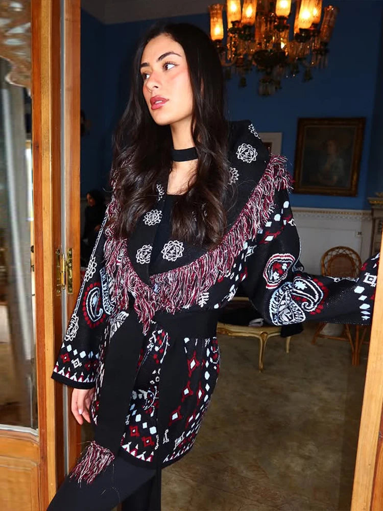 Gem Print Knit Tassel Cardigan Lapel Tie Loose Long Sleeve 2026 Autumn Chic Women Boho Street Daily Fashion Ladies Knitwear