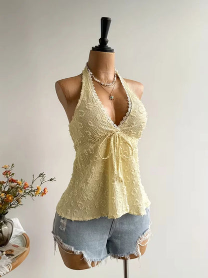 Women's Summer V-Neck Lace Up Exposed Neck and Backless Casual Vacation Topboho Easter Beach Clothing Hawaii Coachella Music Fes