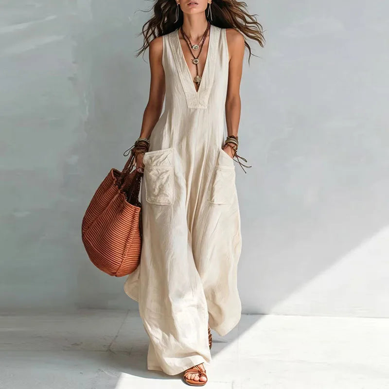 Vintage Sleeveless Overall Jumpsuits Women Deep V Neck Relaxed Pockets Flowy Wide Leg Pants Boho Holiday Vacation One Piece Sets