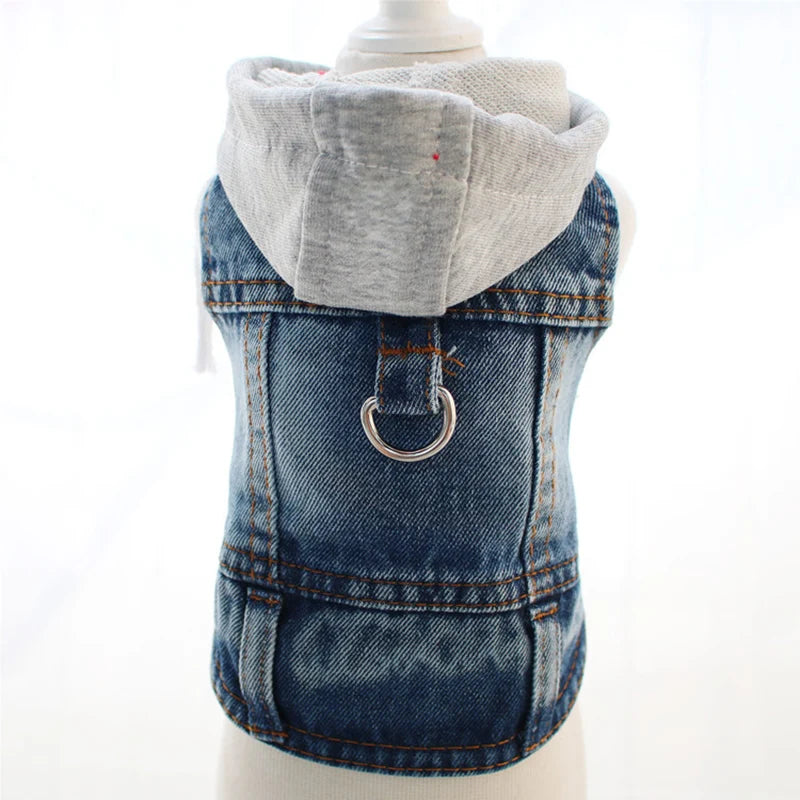 Cool Dog Jean Jacket Vest with D-Ring Hoodies for Small Medium Dogs, Spring Dog Clothes Puppy Denim Harness Coat for Walking