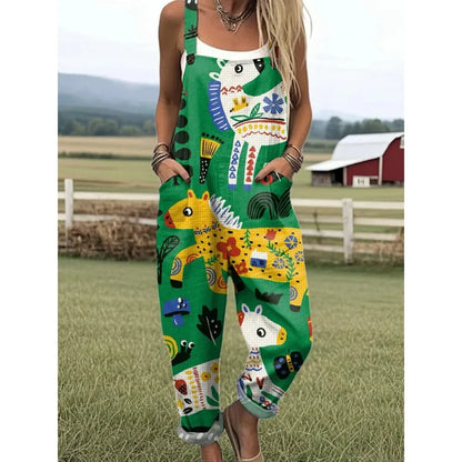 Relaxed Fit Women's Overalls with Cute Animals Patterns Fashion Jumpsuits Adjustable Design for Picnics and Country Outings