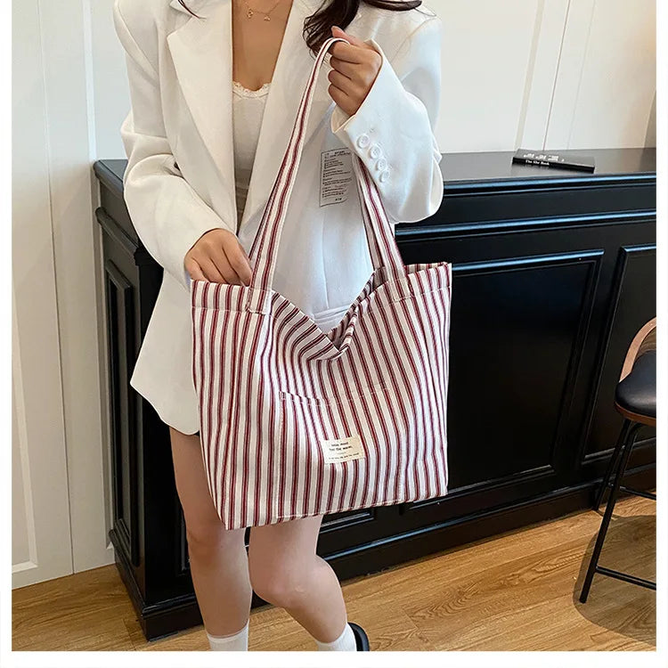 Contrast Color Stripes Women Shoulder Bags Versatile Ladies Large Capacity Tote Bag Lightweight Portable Female Shopping Handbag