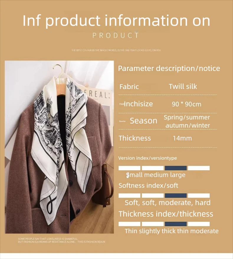 Black White View Print Twill Silk Scarf 90x90cm Women Fashion Square Neck Scarf Satin Kerchief Head Wrap Bandana Bag Decoration