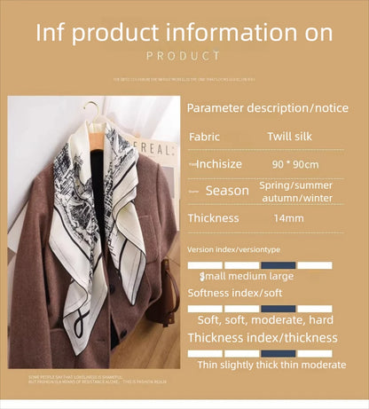 Black White View Print Twill Silk Scarf 90x90cm Women Fashion Square Neck Scarf Satin Kerchief Head Wrap Bandana Bag Decoration
