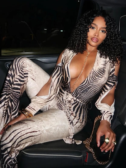 Nibber Deep V-Neck Jumpsuit Woman Stripe Patchwork Flared Hollow Full Sleeve Street Off Shoulder Sexy Fashion Style Overalls