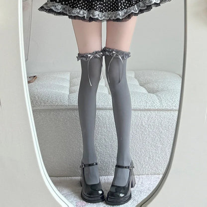 Women Black Bows Lace Knee High Socks Japanese Lolita Style Knee High Long Socks JK Sexy Stockings Girls Kawaii Stockings