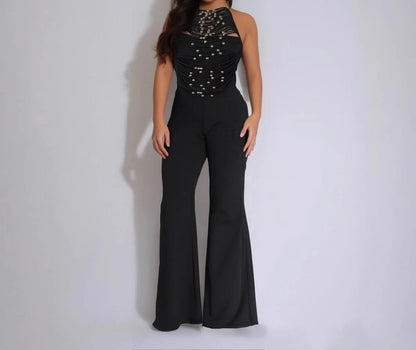Sexy Women's Beaded Halter Jumpsuits Overalls Summer 2025 Backless Fitted Wide Legs Rompers One Piece Outfits Clubwear Party