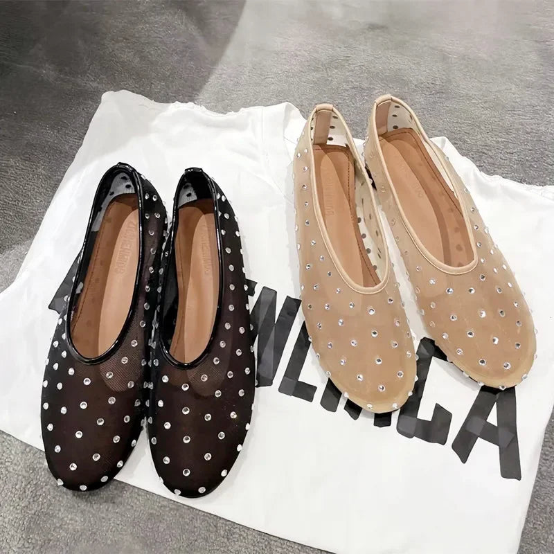 Luxury Glitter Rhinestone Designer Mesh Flats Women Summer Fashion Light Breathable Mules Loafers Elegant Comfort Ballet Shoes