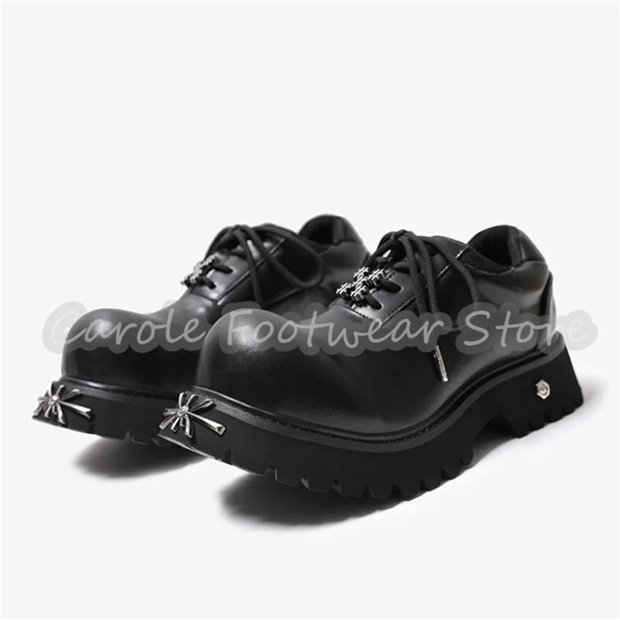 Punk Metal Decor Big Head Lace-Up Sneakers Male Chunky Bottom Height Increase Single Shoes British Style Leather Casual Shoes