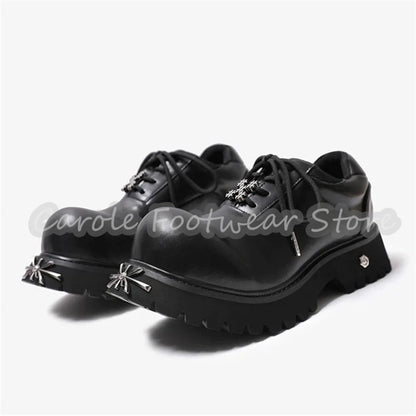 Punk Metal Decor Big Head Lace-Up Sneakers Male Chunky Bottom Height Increase Single Shoes British Style Leather Casual Shoes