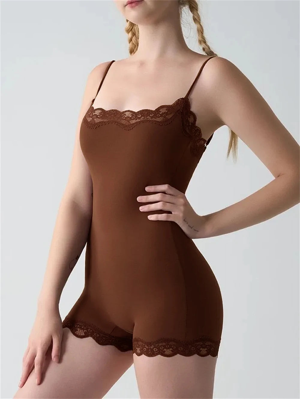 Absobe Lace Patchwork Cami Playsuit Women Sexy Backless Sleeveless Romper Solid Color Y2K Streetwear Casual Loungewear Outfit