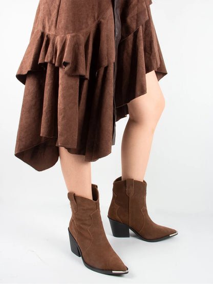GMQM 2025 Women's Comfort Ankle Booties Brown Cowboy Western Boots Metal Heels Block Wide Calf Pointed Toe Slip On Casual Shoes