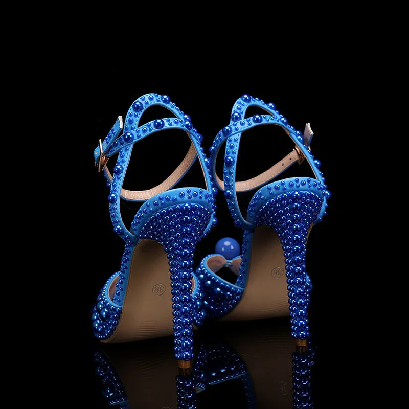 Luxury Handmade Pearl Peep Toe Women Sandals Fashion Summer Wedding Princess Thin High heels Elegant Party Prom Bridal Shoes