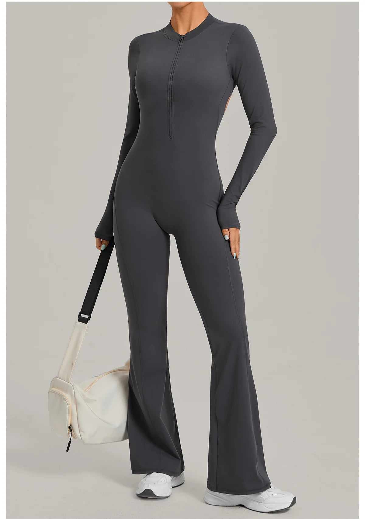 Women Long Sleeve Zip Yoga Bodysuit Cutout Back Scrunch Butt Lift Tummy Control Sweat Wicking Fabric Gym Workout Flare Jumpsuit